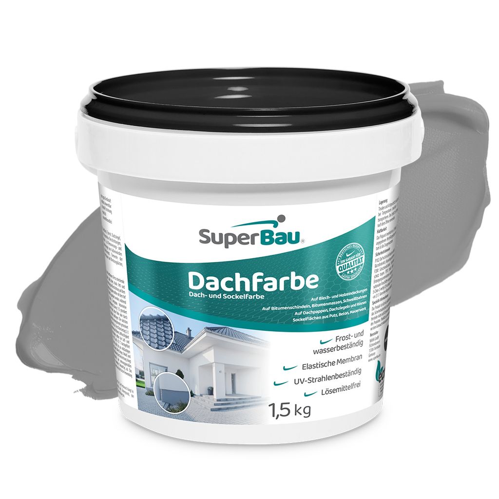 Superbau Dachfarbe Grau 1,5kg, Sockelfarbe WASSERDICHT, Fassadenfarbe für Außen, Dachbeschichtung für Blechdach, Bitumen, Dachpappe, Schindeln, ...