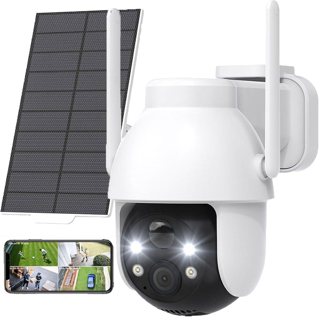 2K 3MP Überwachungskamera Aussen Solar 360° PTZ Überwachungskamera Aussen Akku WLAN Kamera mit PIR Bewegungsmelder Farb-Nachtsicht