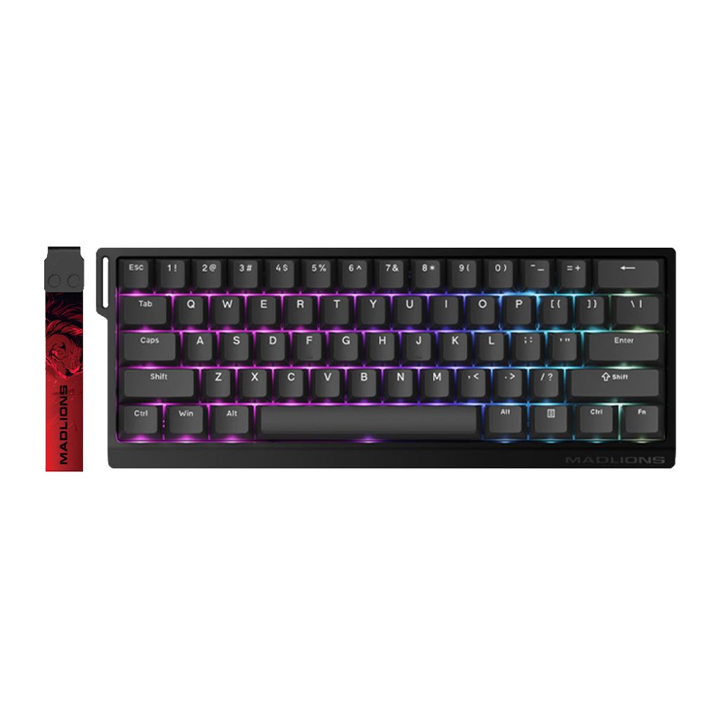 A black gaming keyboard with RGB lighting and a red and black accessory to its left.