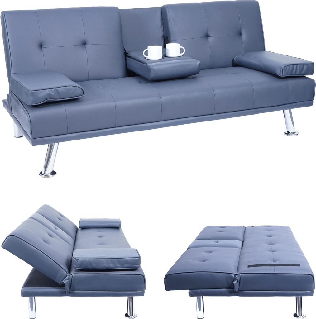 3er-Sofa MCW-F60, Couch Schlafsofa Gästebett, Tassenhalter verstellbar 97x166cm Kunstleder, dunkelblau