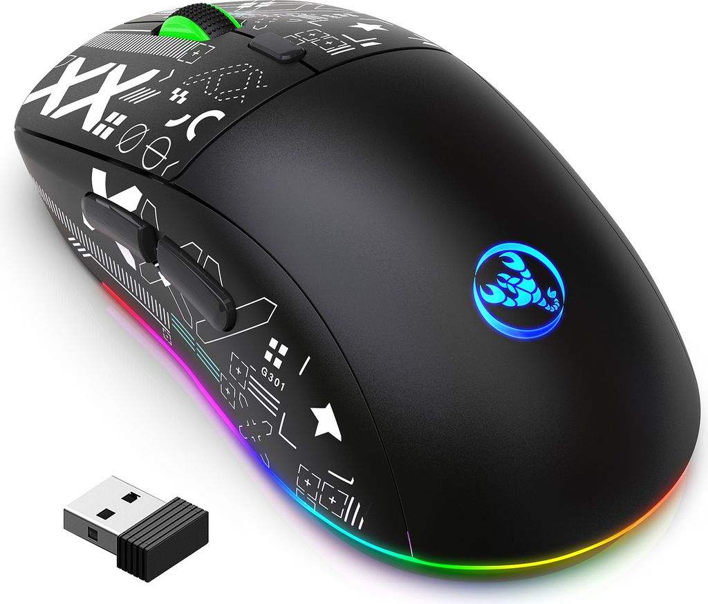 hxsj T90 2,4 G kabellose mechanische Maus, RGB-Gaming-Maus, ergonomisches Design, 10 Millionen Tastenanschlaege, Lebensdauer, 3600 DPI, 11 RGB-Bele...