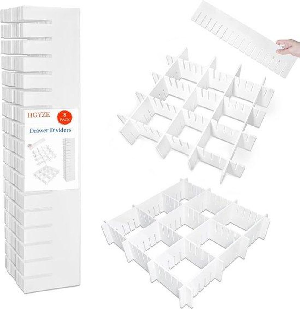 Verstellbare Lade-Organizer, Kunststoff, 9 cm, weiß, 8-teilig, für Küche, Schlafzimmer, Schublade