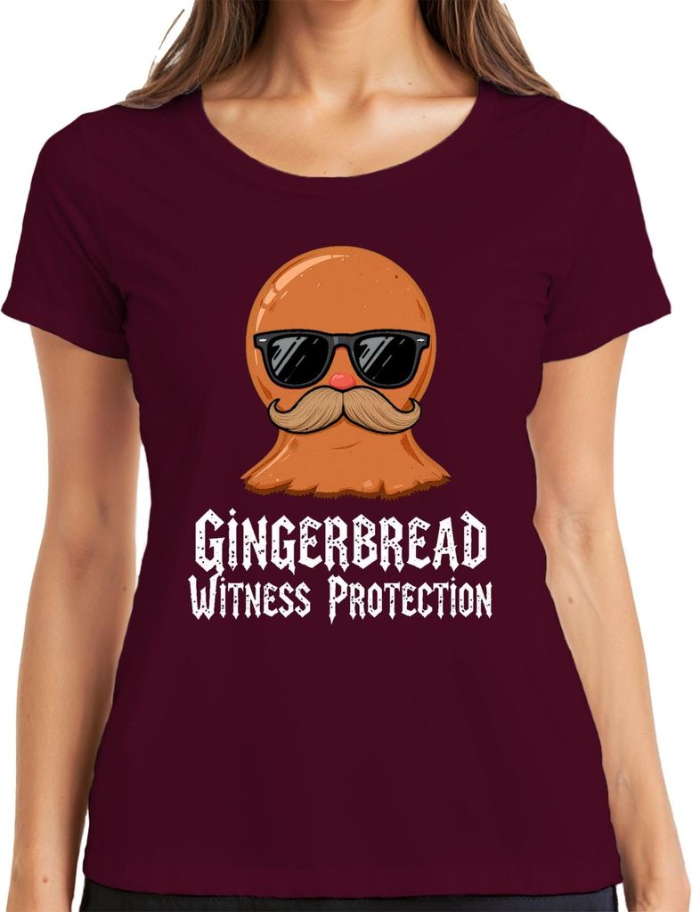 Gingerbread Witness Protection lustig Schnurrbart Sonnenbrille Damen T-Shirt, Burgundy, S