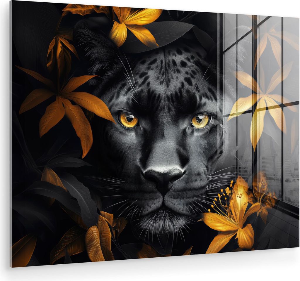 MuchoWow Glasbilder - Bilder auf Wandbild - Foto auf Glas Schwarzer Panther - Blumen - Gold - Natur - Feline 40x30 cm Wanddekoration aus Glas - Acr...