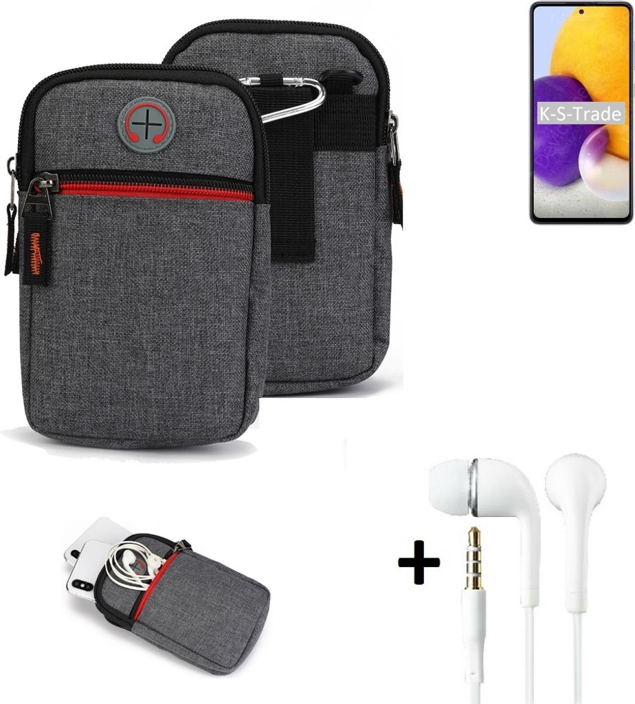 K-S-Trade Gürteltaasche + Kopfhörer kompatibel mit Samsung Galaxy A72 Handy Tasche Holster Schutz Hülle Handy Hülle grau Zusatzfächer 1x
