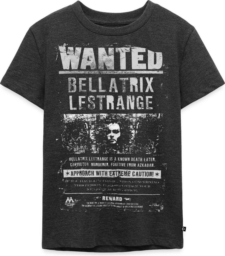 Spreadshirt Harry Potter Bellatrix Lestrange Wanted Poster Kinder Premium T-Shirt, 98/104 (2 Jahre), Anthrazit meliert