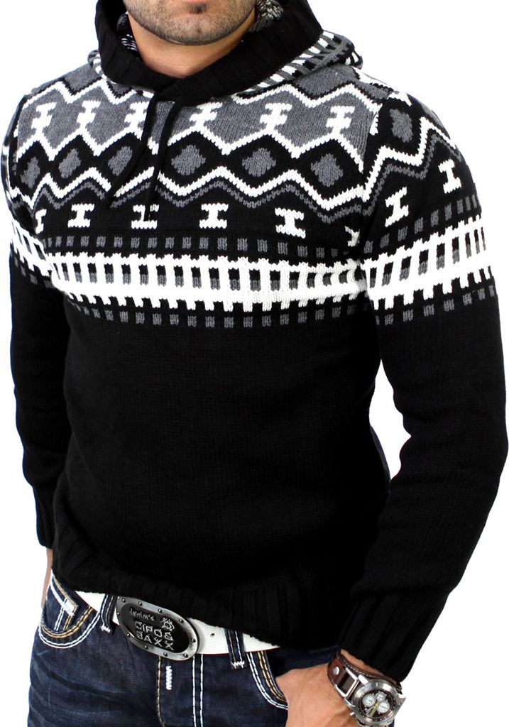 Reslad Herren Grobstrick Pullover Norweger Winter Kapuzenpullover RS-3013 Schwarz S