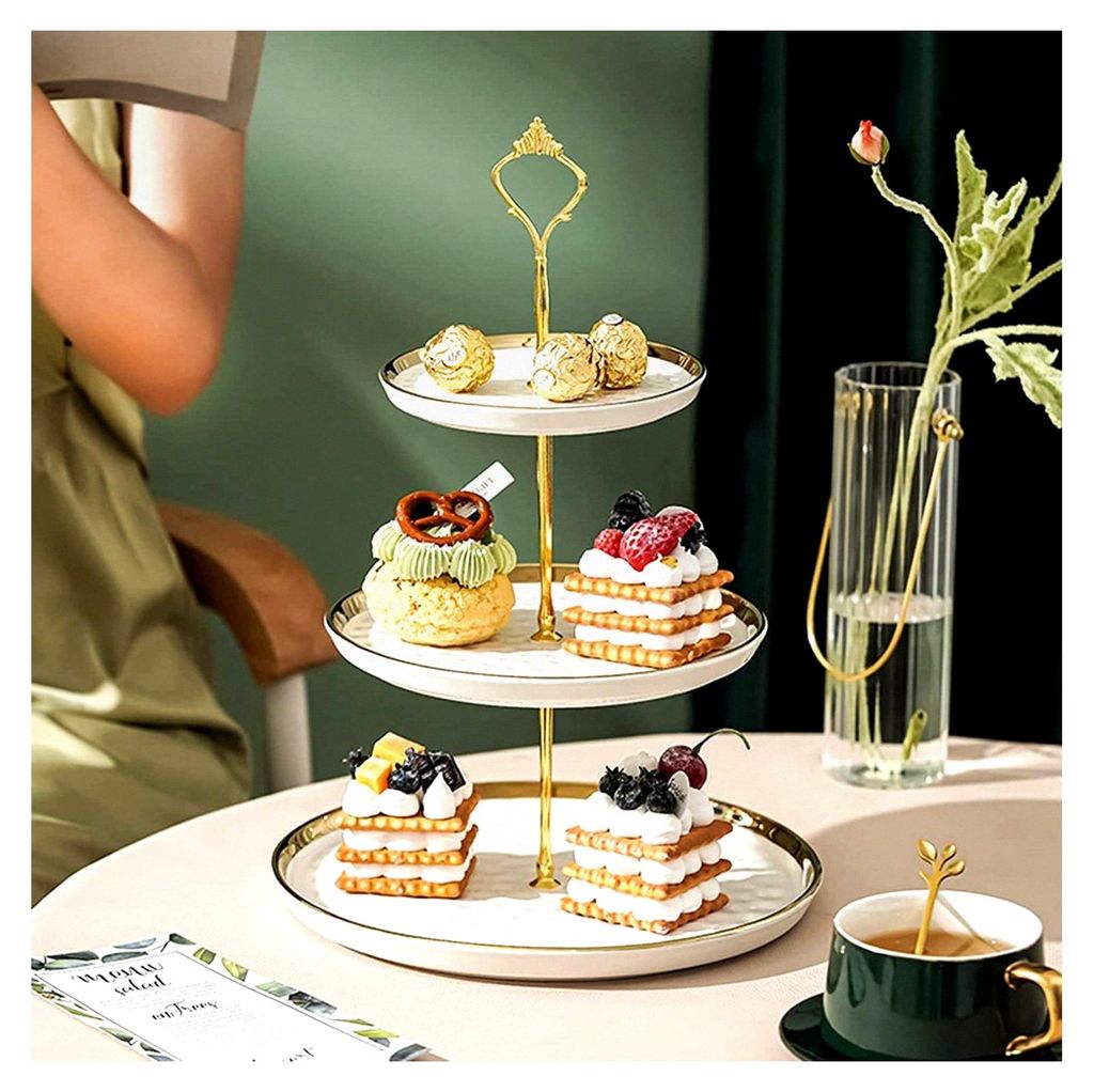 Runder Cupcake-Ständer aus Porzellan, Dessertteller mit goldfarbenem Stab, 3 Etagen und 2 Ebenen, Kuchenständer, Serviertabletts, Obst- und Gebä...
