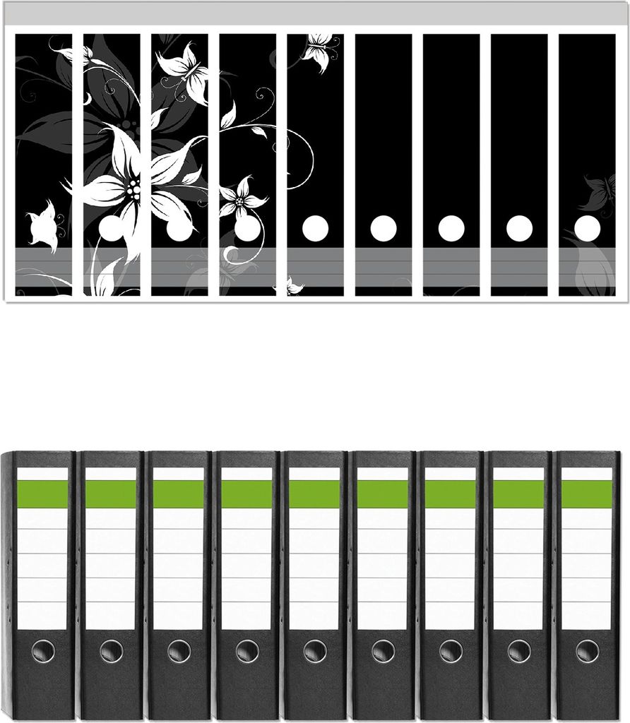 Wallario 9 Stück breite Ordner inkl. Klebeetiketten mit Motive Blumenranke in Schwarz-Weiß - Set mit Rückenschildern / Ordnerrücken Stickern