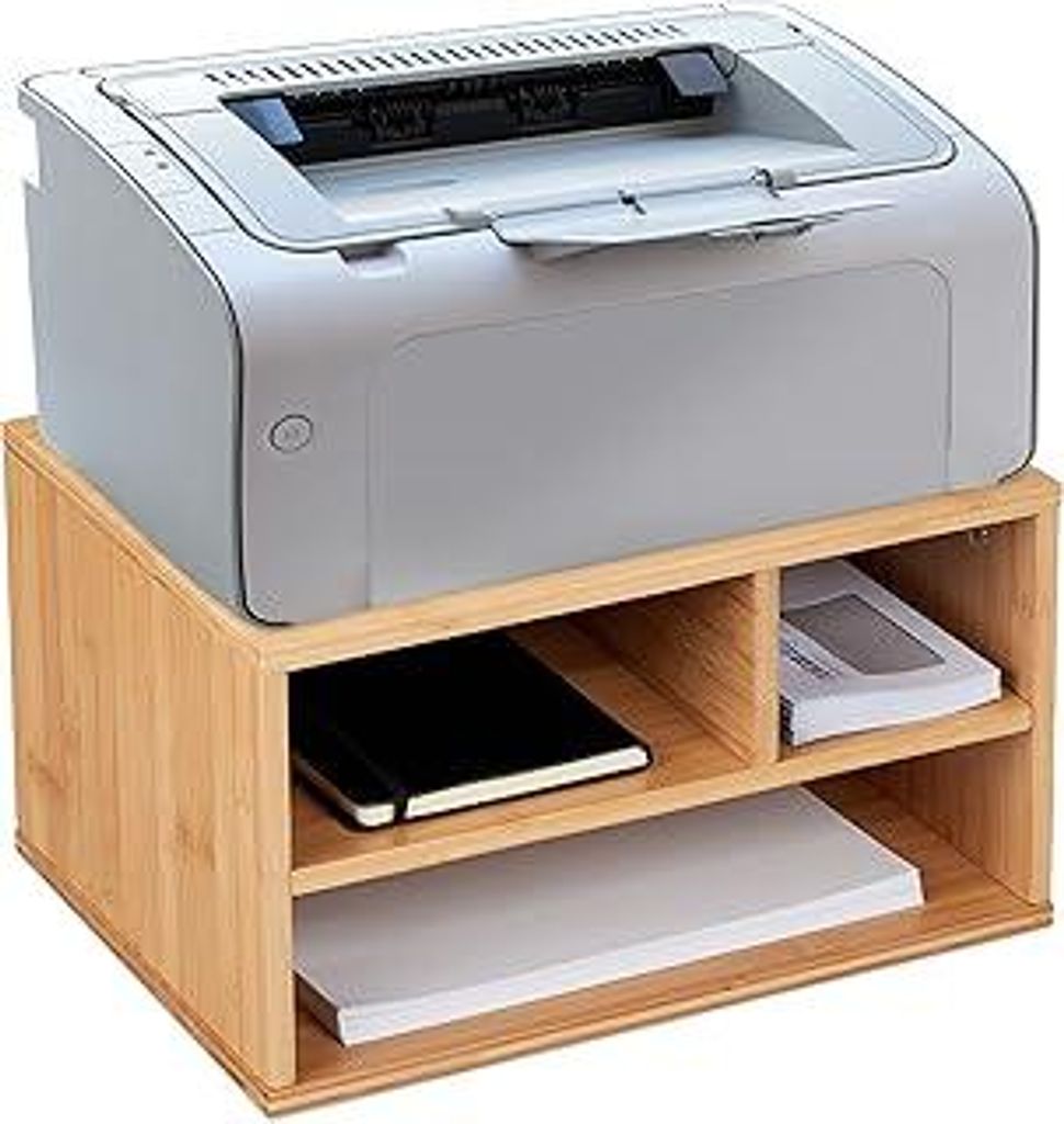 Druckerständer Schreibtisch, 3 Fächer, Regal für Drucker, HxBxT: 22 x 40 x 30 cm, Bambus Organizer, Natur