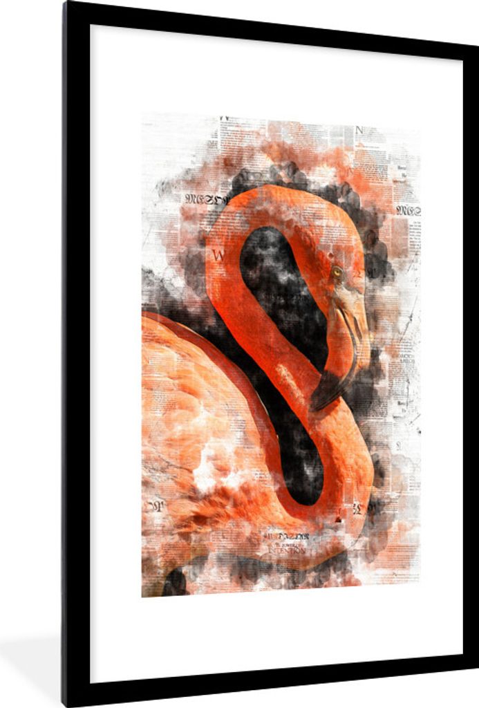 MuchoWow MuchoWow Gerahmtes Poster Porträt - Flamingo - Zeitung 60x90 cm - Poster mit zchwarzem Bilderrahmen - Dekoration - Wandposter Wohnzim...