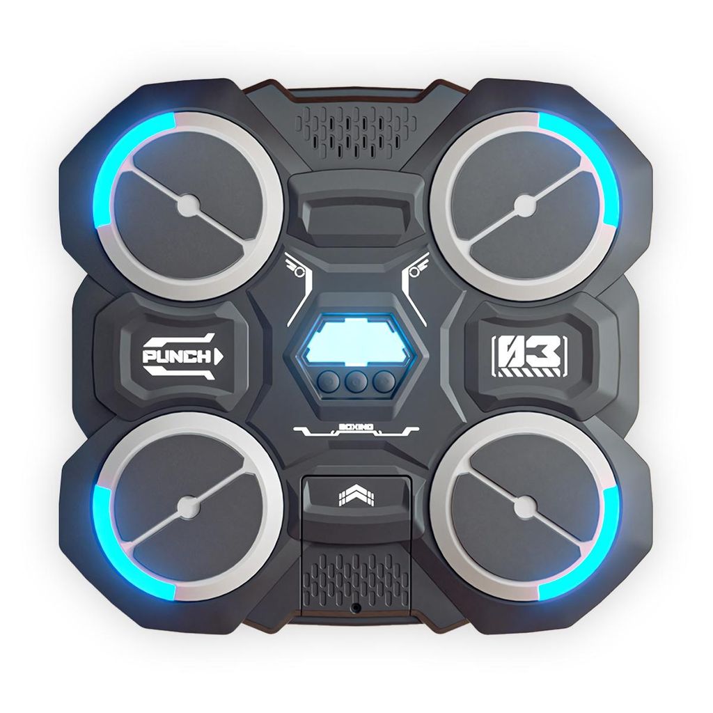 A top-down view of a black and gray boxing training machine with blue LED lights and a digital display.