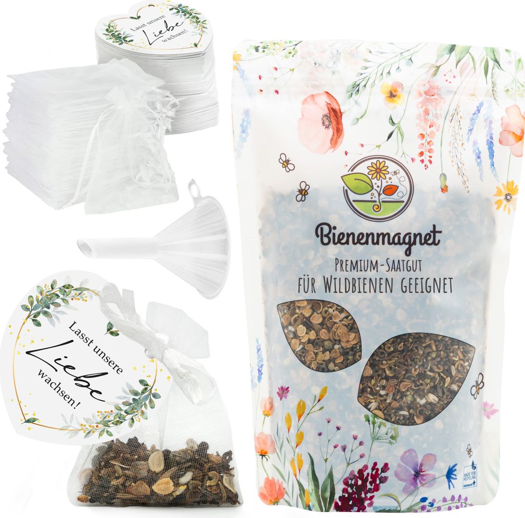 Gastgeschenke Hochzeit Blumensamen - Besonderes Hochzeitsgeschenk für Gäste als Give Away - Lasst unsere Liebe wachsen Komplett-Set (100er Set)