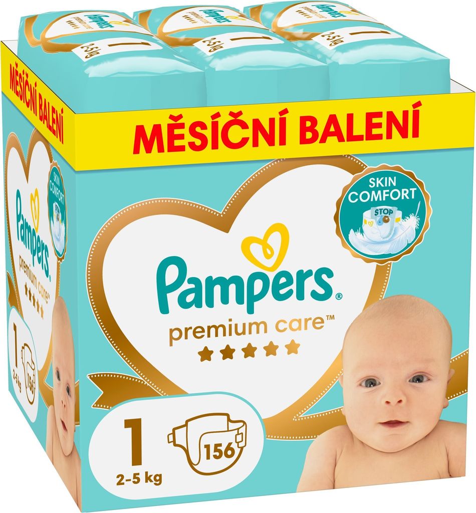 A box of Pampers Premium Care diapers, featuring a baby's face and product details.