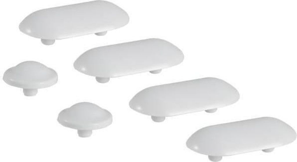 A collection of white toilet seat buffers arranged on a white background.