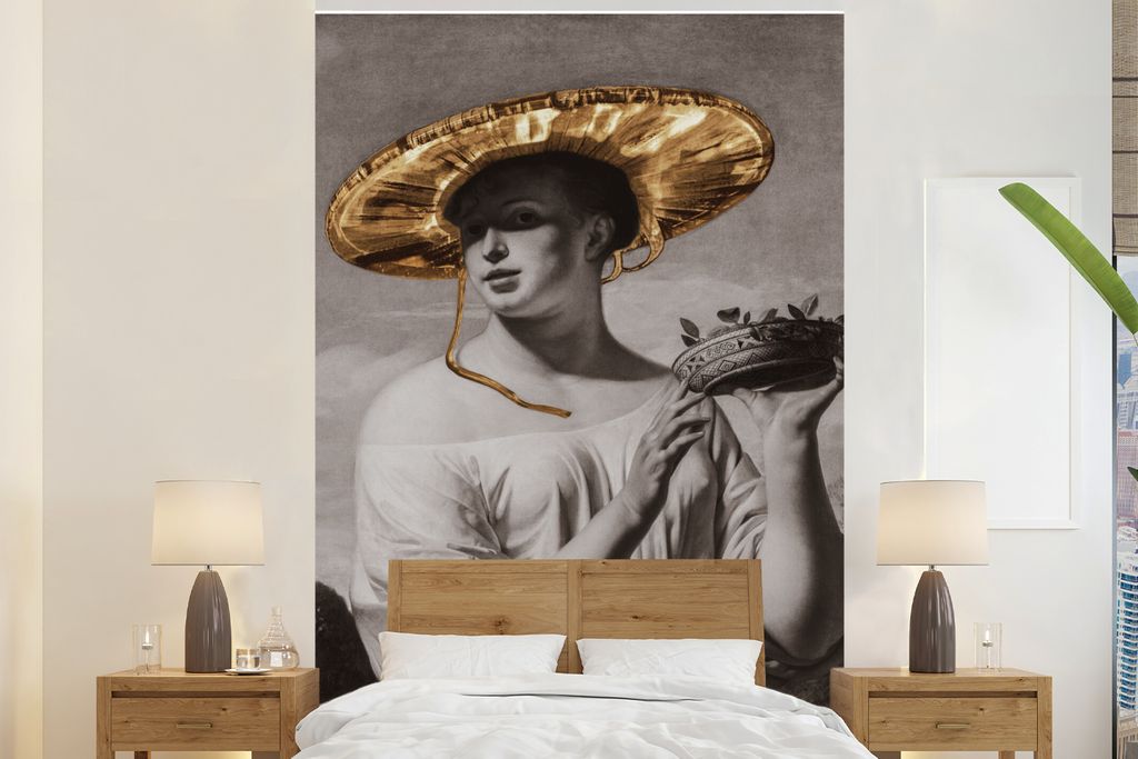 MuchoWow Fototapete für Wohnzimmer oder Schlafzimmer Wandtapete Vinyl Motivtapete Mädchen mit breitem Hut - Cäsar van Everdingen - Gold - 195x...