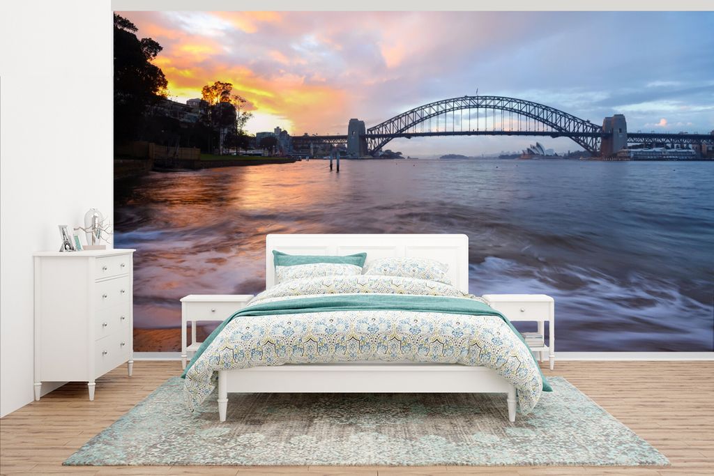 MuchoWow Fototapete für Wohnzimmer oder Schlafzimmer Wandtapete Vinyl Motivtapete Blick über das Wasser auf die Sydney Harbour Bridge in Austra...