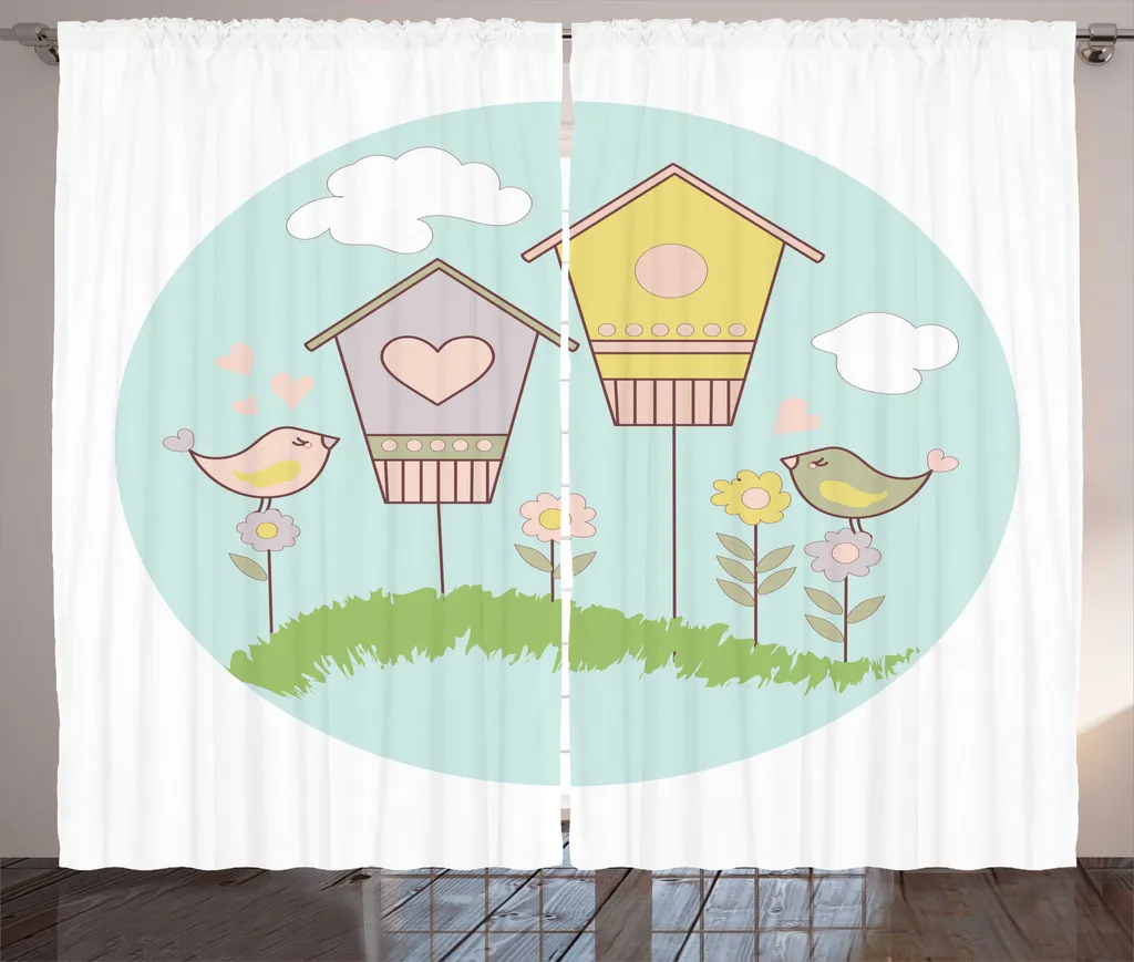 Rideau à ruban froncé multicolore avec motifs fleurs et nids d'oiseaux