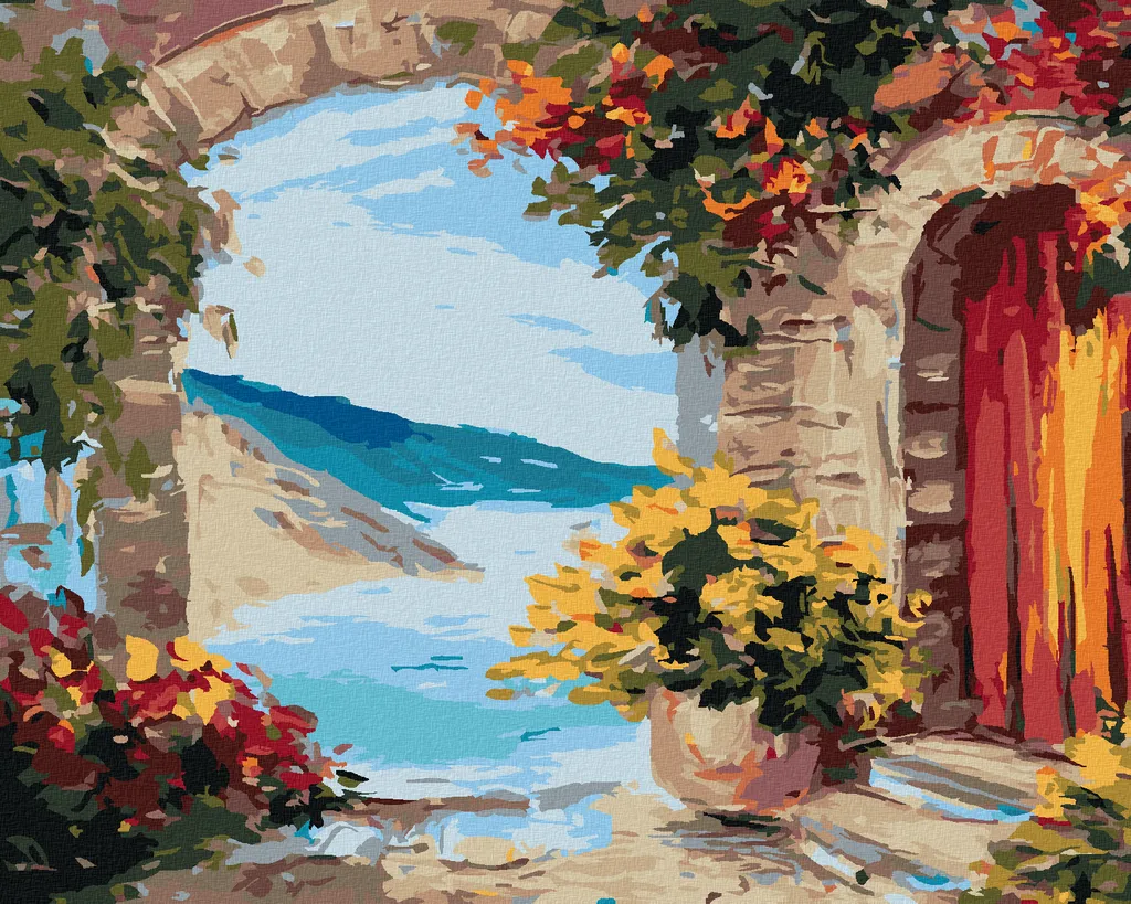 Zuty - Pittura con diamanti - PORTA FIORITA IN RIVA AL MARE, 40x50 cm, senza cornice e senza tela