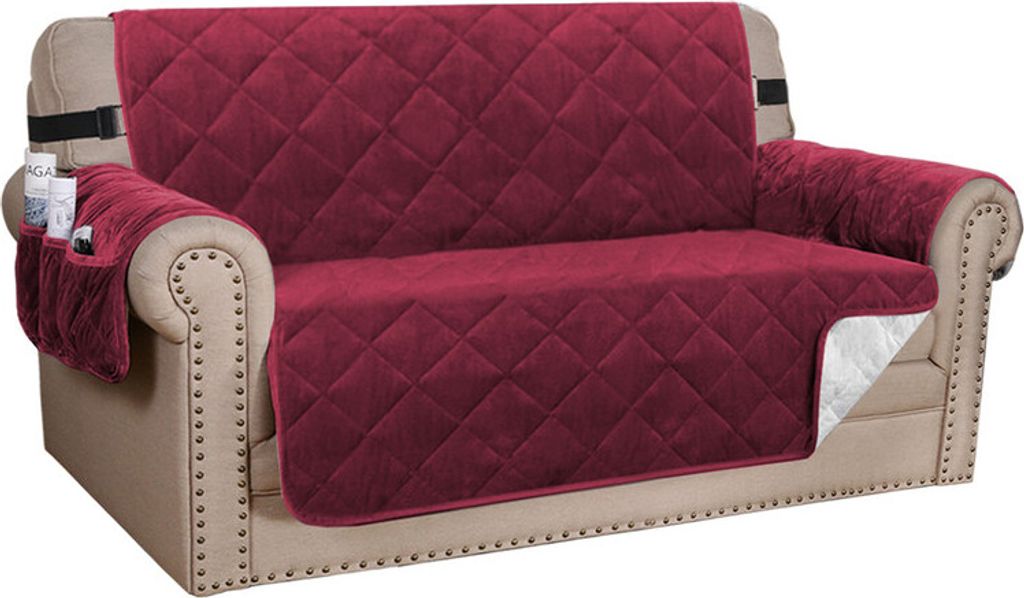 Sesselschoner Gesteppter Samt Sofa Bezug Möbelschutz Schonbezug für Familie mit Haustieren und Kindern, Weinrot Zwei Person