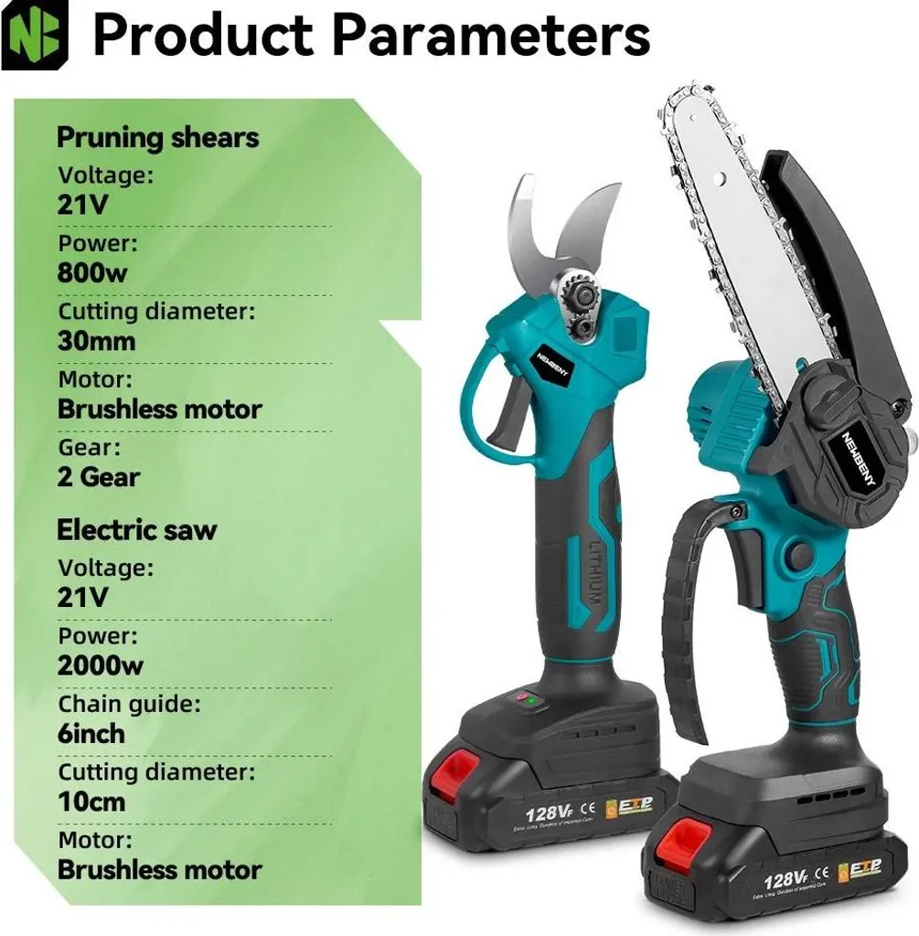 Kit d'élagage sans fil : Mini-tronçonneuse et sécateur électrique 18V