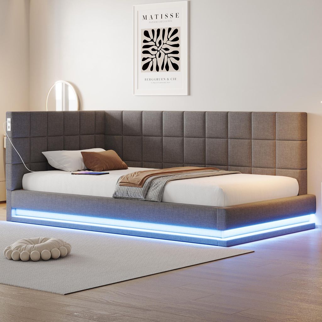 STILVORA Polsterbett 90x200 mit matratze und LED Lichtleiste,Bettgestell mit Lattenrost,Jugendbett mit USB Steckdose,Funktionbett Schlafsofa