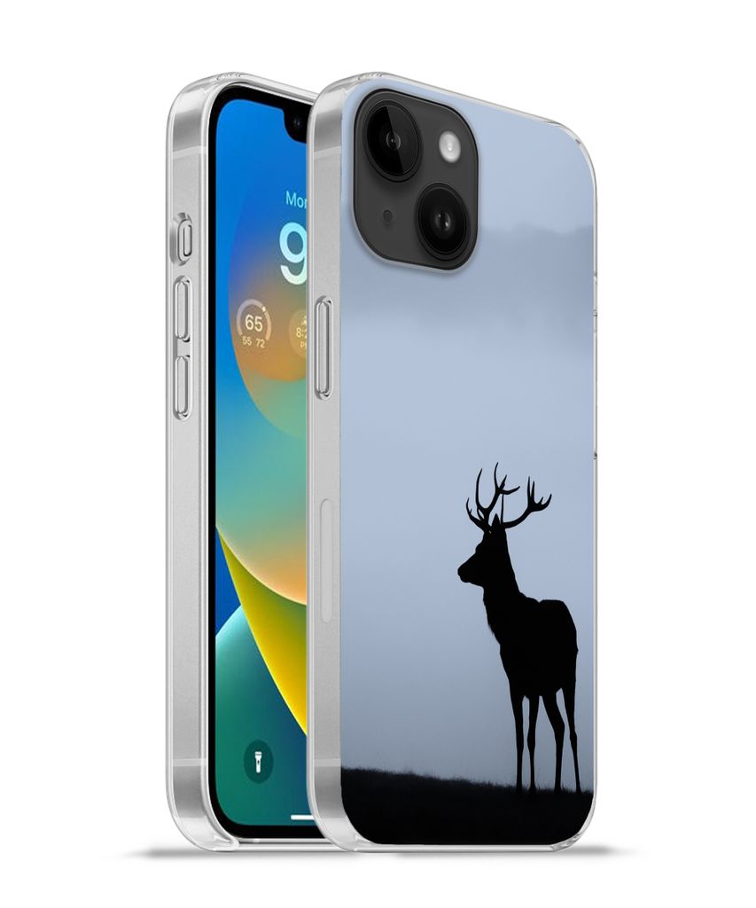 MuchoWow Handyhülle Schutzhülle Hülle für Apple iPhone 14 - Softcase Hirsch - Nebel - Silhouette Silikon Softcase Handy Hülle - Mobiltelefon...