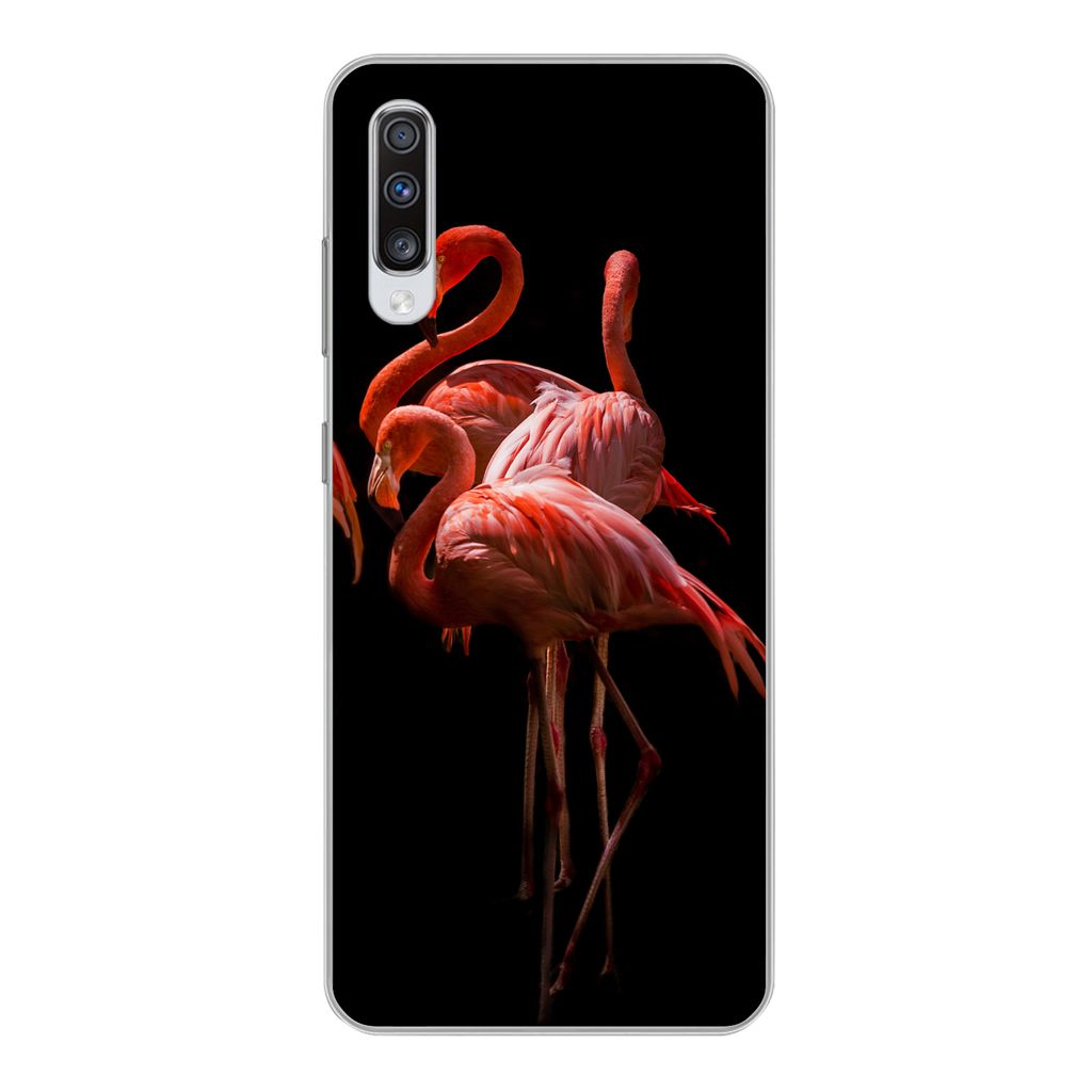 MuchoWow Handyhülle Schutzhülle Hülle für Samsung Galaxy A70 Flamingos - Vögel - Federn - Schwarz Silikon Softcase Handy Hülle - Schutzhaube
