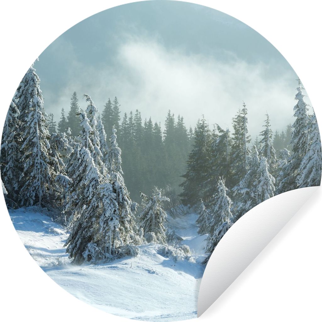 MuchoWow Runde Wandtattoo - Wandsticker Tapete Aufkleber Wald - Schnee - Winter Ø 30 cm Selbstklebend und Repositionierbar - Wandaufkleber - Kre...