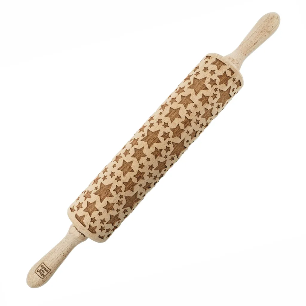 Mattarello in legno MoodForWood, goffrato, 43 cm, con manici, perfetto per la cottura - motivo a stella