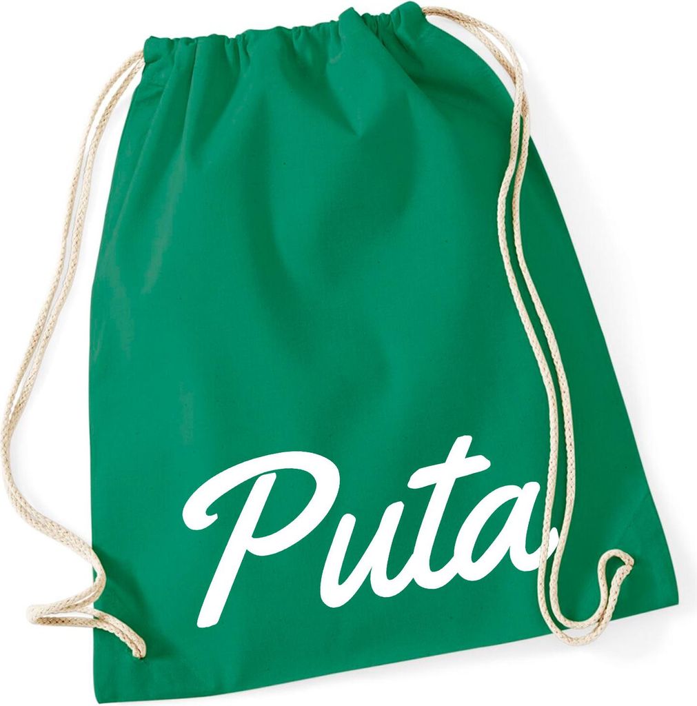 Huuraa Turnbeutel Puta spanisch Schriftzug 12 Liter Kelly Green Baumwolle Rucksack Geschenkidee