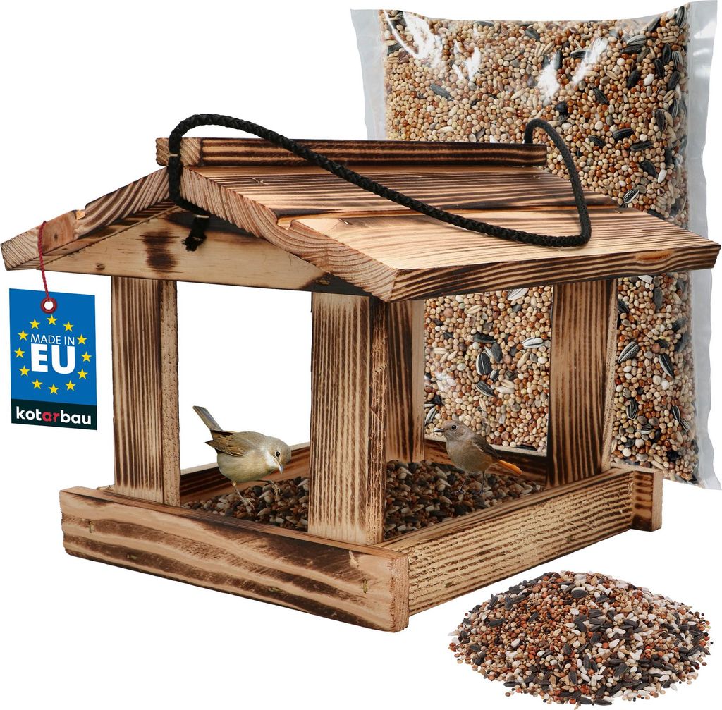 KOTARBAU Vogelhaus zum Aufhängen 21 x 23,5 cm Vogelfutterhaus aus Holz Natürlich Vogelhäuschen Rustikal Vogelfutter 0,5 kg Holzdeko für Garten