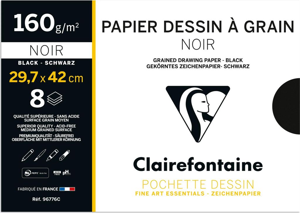 Clairefontaine 10x Zeichenpapier A3 160g Pack. 8 schwarzen Bogen Schwarz 96776C