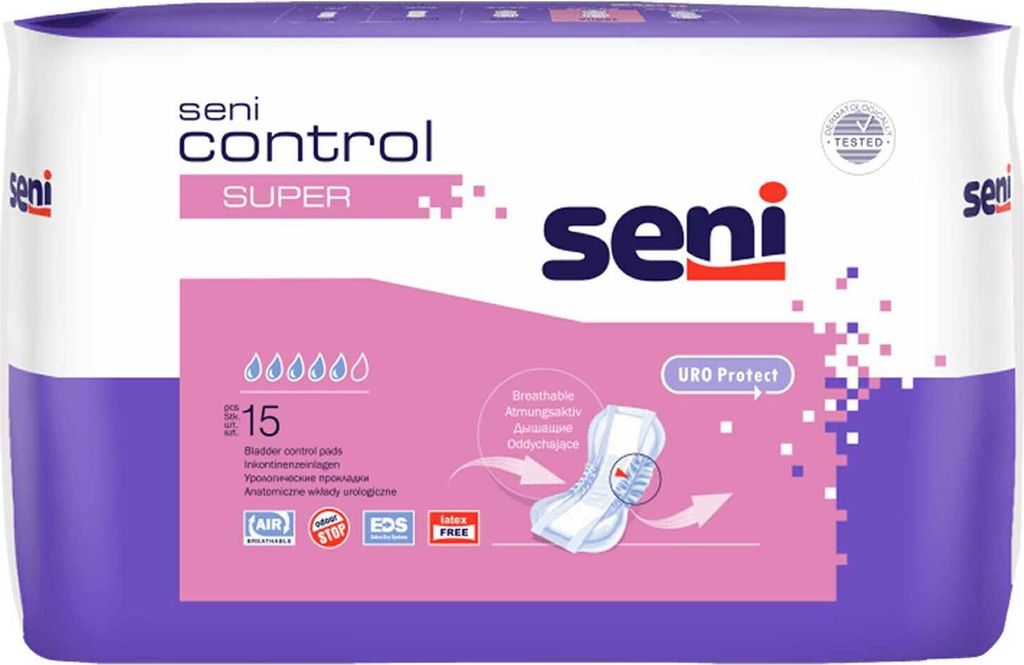 The image shows the packaging of Seni Control Super incontinence pads.