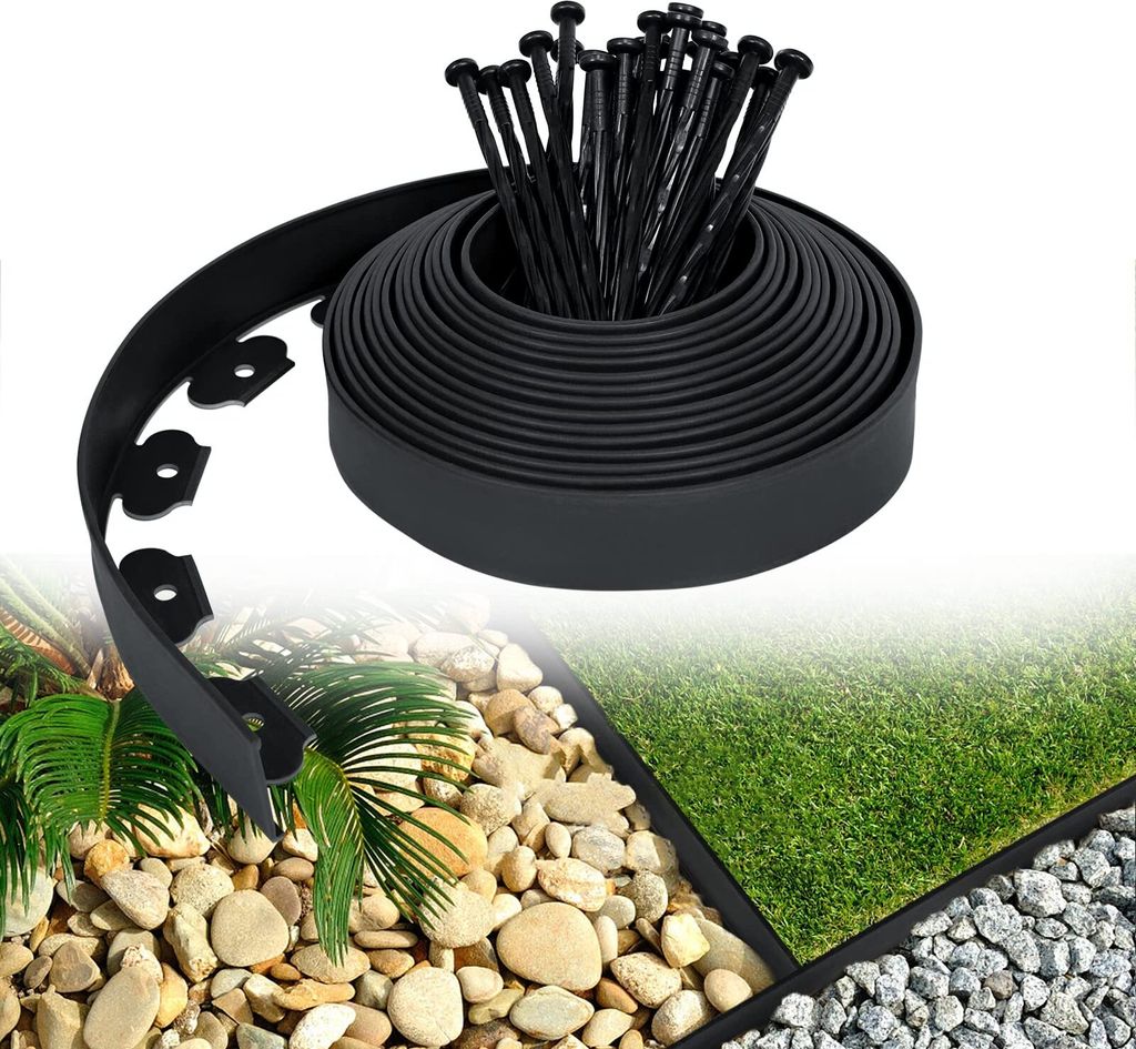 YARDIN Rasenkante Kunststoff Flexibel Beetumrandungen mit 90 Befestigungsnägel für Gärten, Gras-und Steintrennung, 30m lang, Schwarz