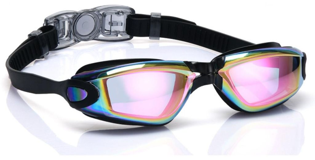 INF Schwimmbrille mit Etui, PC-Linse, Silikonabdichtung, UV-Schutz Schwarz + Rosa