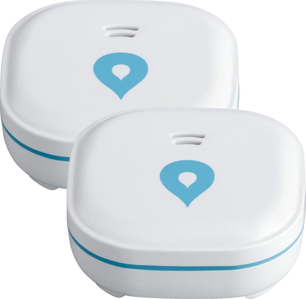 Two white water detectors with blue logos and blue trim are shown against a white background.