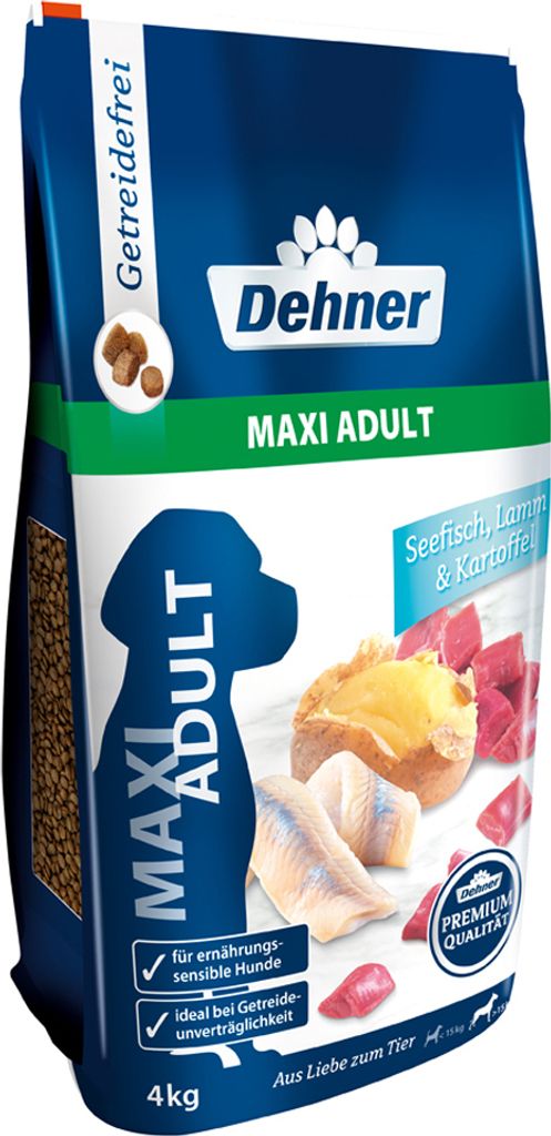 Dehner Premium Hundefutter Maxi Adult, Trockenfutter getreidefrei, für ausgewachsene Hunde großer Rassen, Fisch / Lamm / Kartoffel, 4 kg