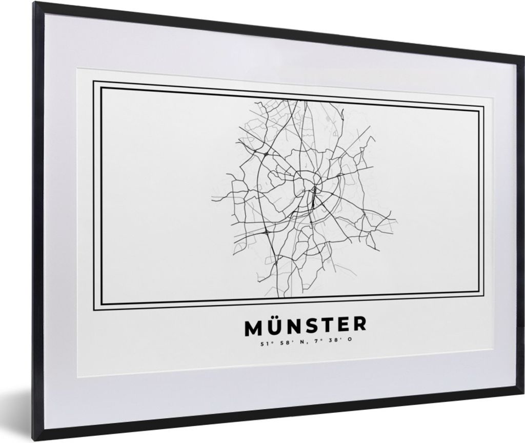 MuchoWow Gerahmtes Poster Deutschland - Münster - Stadtplan - Karte - Schwarz-weiß - Karte 60x40 cm - Poster mit Schwarzem Bilderrahmen Wandpos...