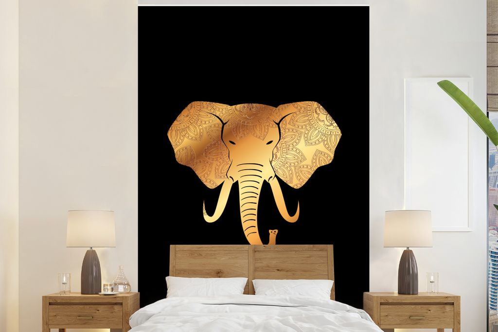 MuchoWow Fototapete für Wohnzimmer oder Schlafzimmer Wandtapete Vinyl Motivtapete Elefant - Gold - Muster - 195x300 cm - Das Hintergrundbild