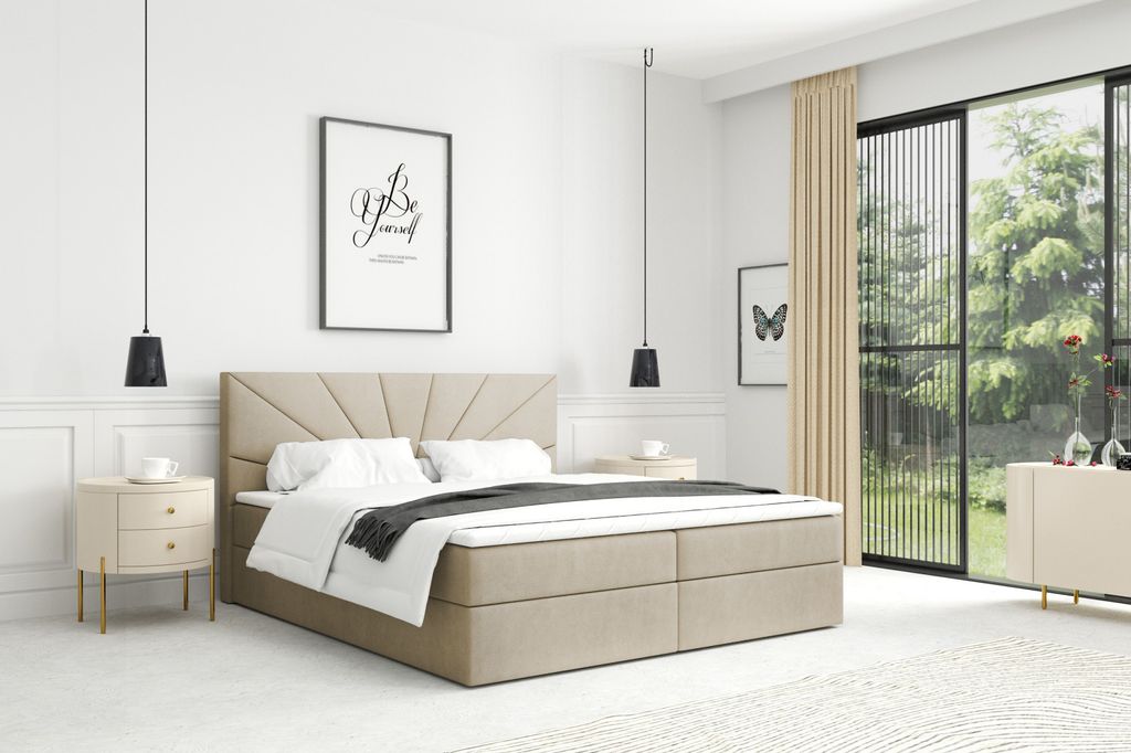 MTJMöbel Kontinental bett COSTA 180x200 mit zwei Behältern für Bettwäsche + Bonell Matratze H3 MIT TOPPER T-25 - Samtstoff KRONOS 35 Beige