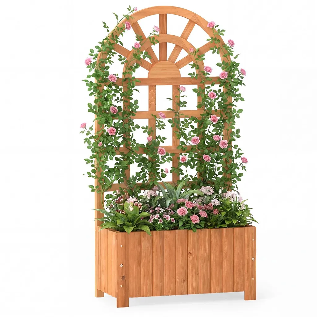 Jardinière COSTWAY avec Treillis et Brise-vue pour Plantes Grimpantes