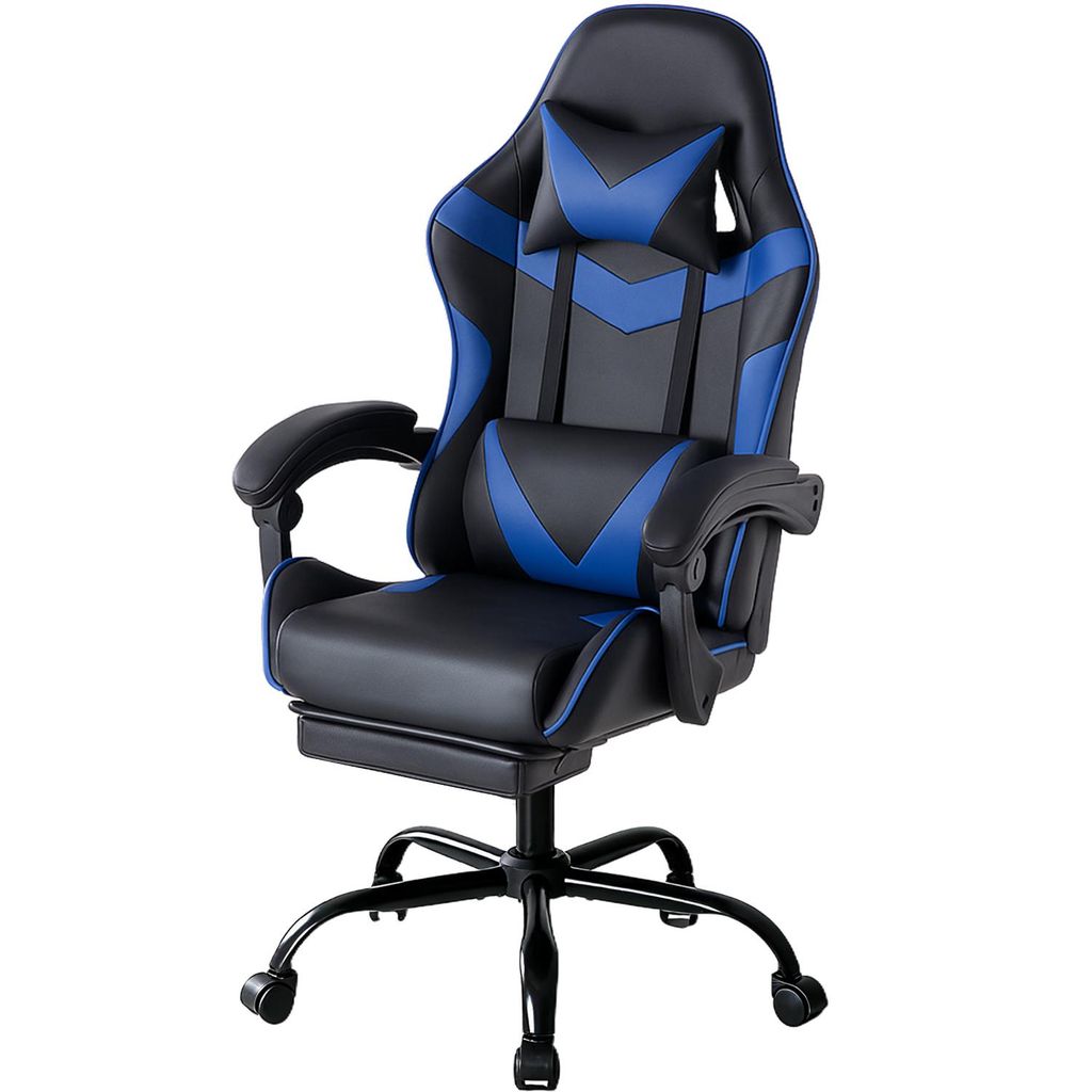 Gaming Stuhl Ergonomisch mit Fußstütze & Taschenfederung, Bürostuhl mit Synchron-Armlehnen, 150° Liegefunktion, Belastbar bis 125kg, Schwarz-Blau