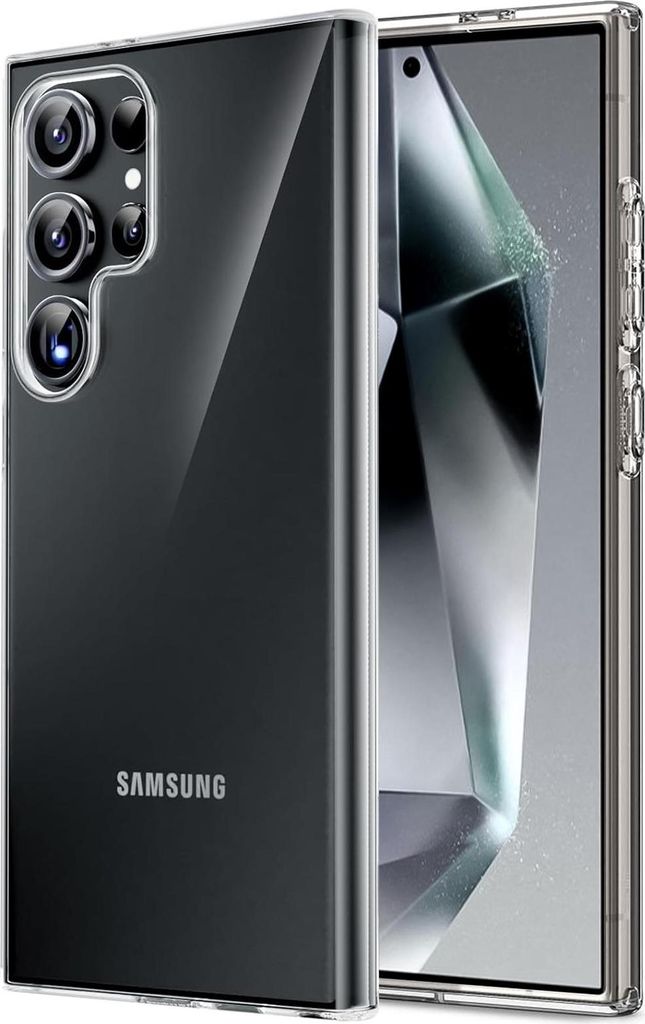 A clear phone case with a Samsung phone inside, shown from a diagonal angle.