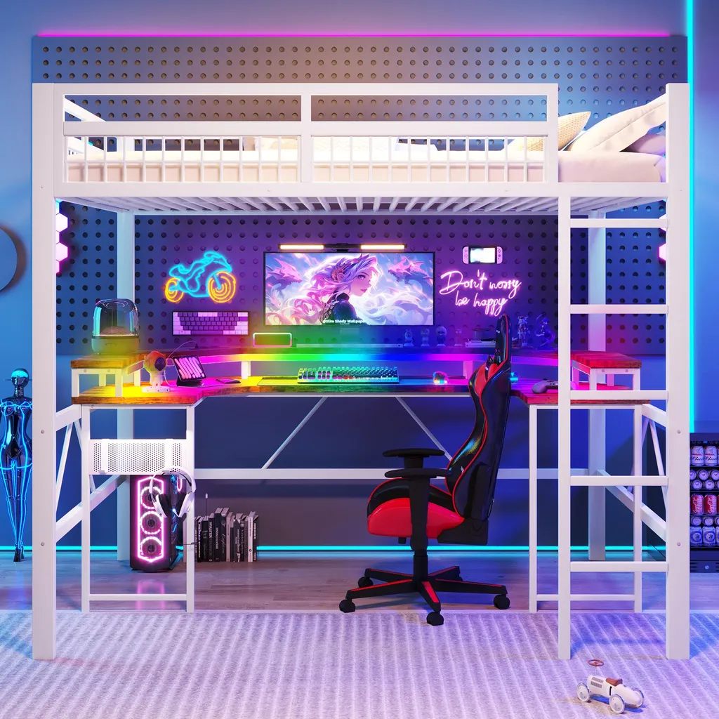 Lit enfant avec LED et bureau rangement, structure 140x200 cm blanc