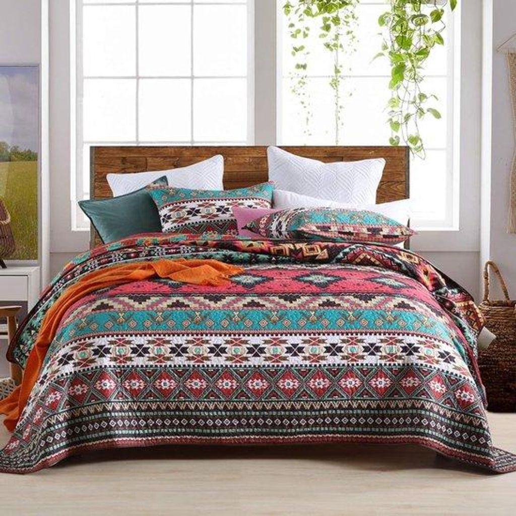 Famanu Sprei für Doppelbett - 220 x 240 cm - Bohemian - Gewatteert - Aus Baumwolle und Mikrofaser - Leicht - Mit 2 Kissenbezügen 50 x 70 cm -