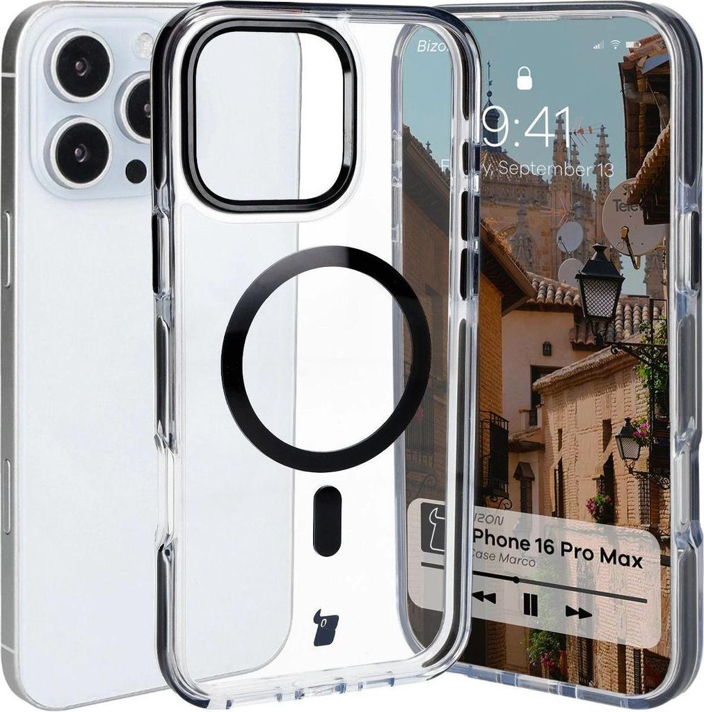 Bizon Case Marco Magnetische Ringhülle für iPhone 16 Pro Max, Transparent mit schwarzem Rahmen