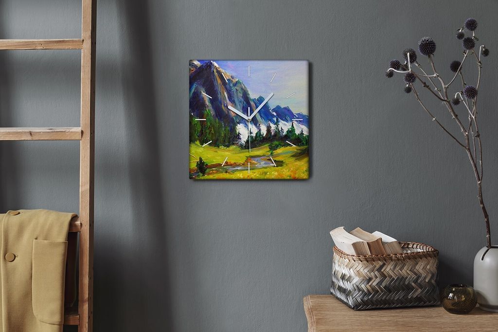 Coloray Hodiny Unikátní 30x30 cm Tiché hodiny Pro obývací pokoj a kuchyň Nástěnné hodiny Plátno Bílé ručičky hodin - Wiese Forest Mou...