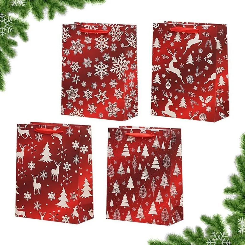 Pack de 4 Sacs Cadeaux de Noël en Papier Rouge avec Poignées Festives