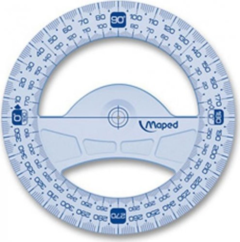 A circular protractor with degree markings.